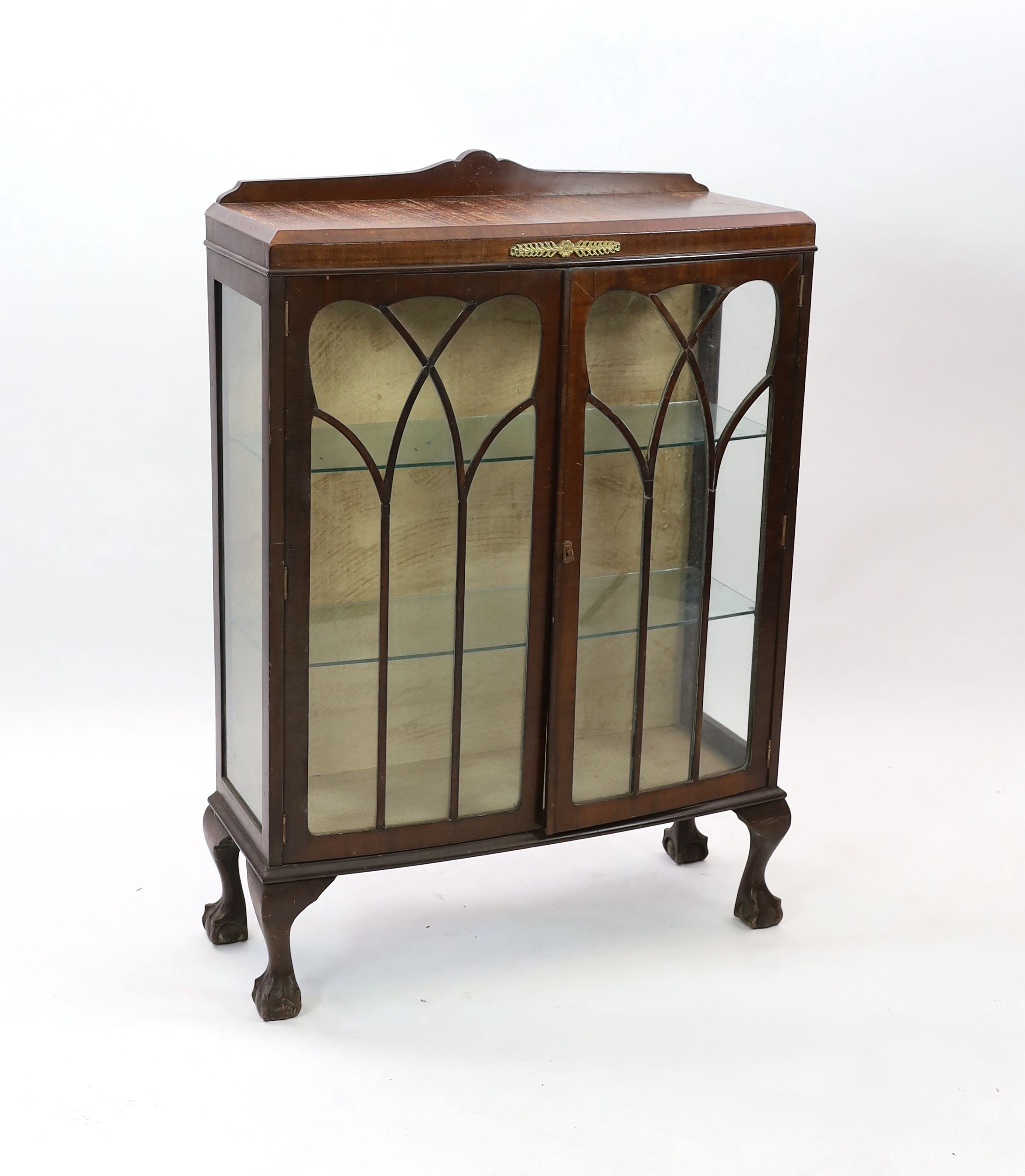 A 1920's mahogany bowfront display cabinet, width 88cm depth 32cm height 124cm